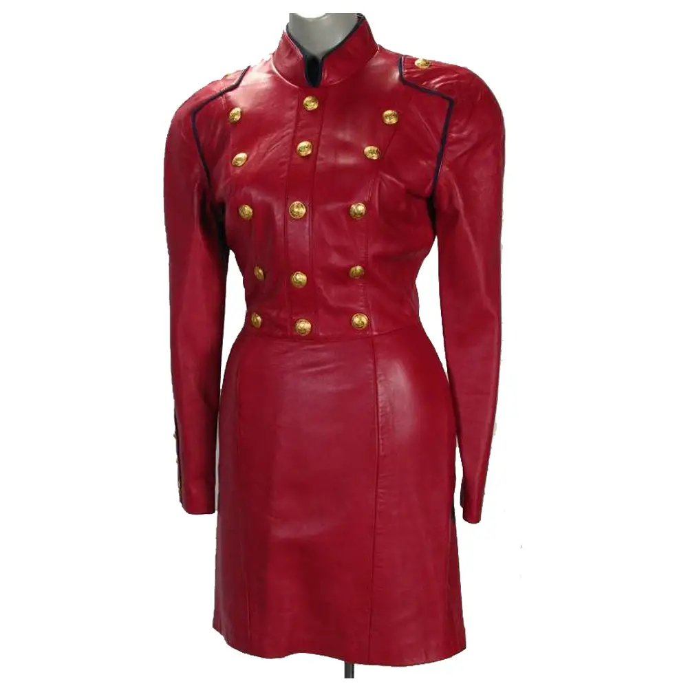 Women Red Genuine Leather Long Gothic Coat