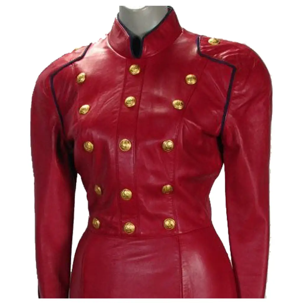 Women Red Genuine Leather Long Gothic Coat - Image 2