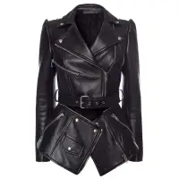 Asymmetrical Double-Breasted Peplum Leather Coat