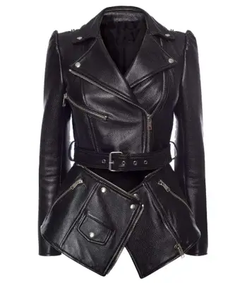 Asymmetrical Double-Breasted Peplum Leather Coat