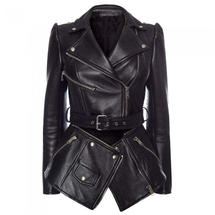 Women Double Breasted Black Leather Zipper Gothic Coat