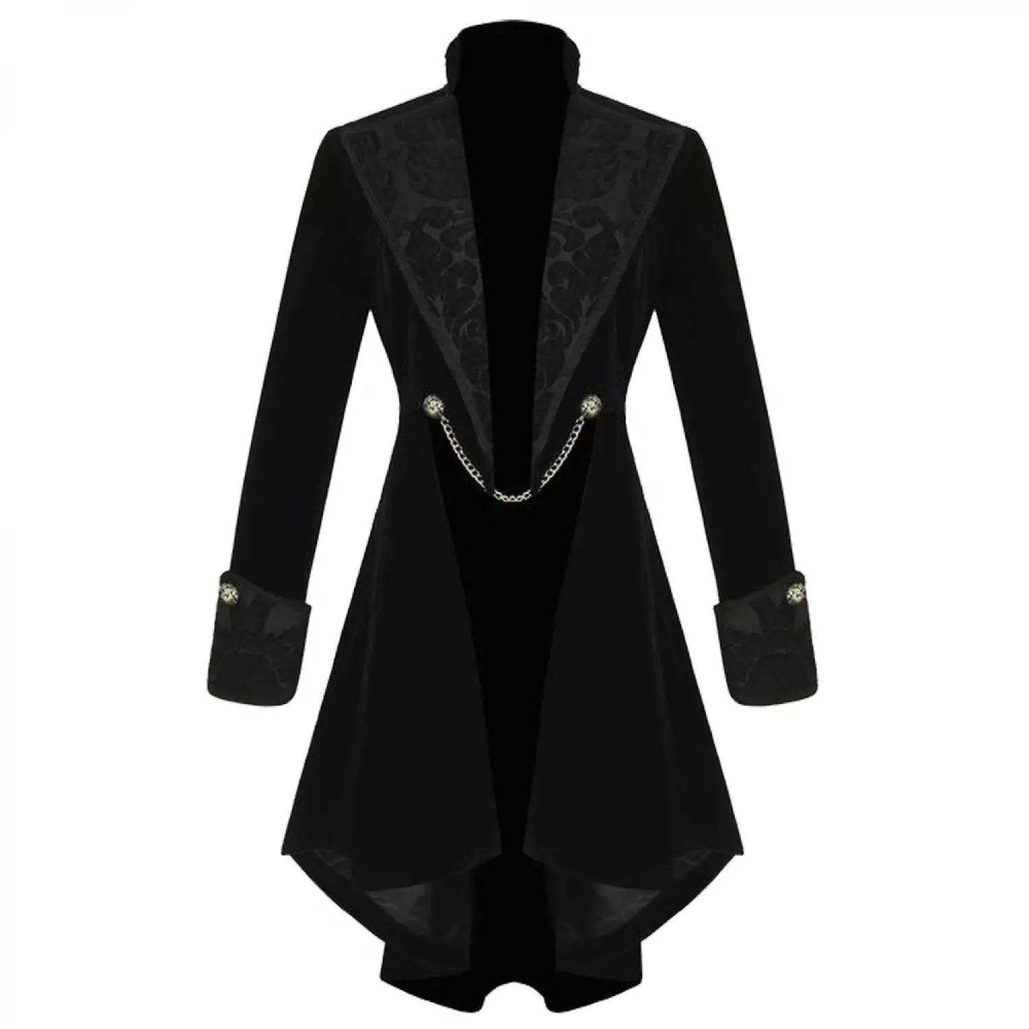 Men's black Victorian gothic tailcoat with ornate brocade lapels and a chain closure.