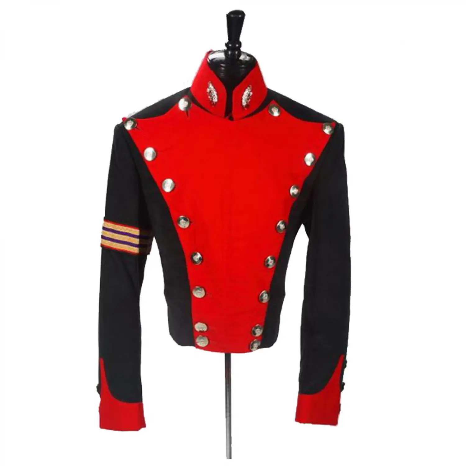 Men's red and black military jacket with gold buttons and high stand collar