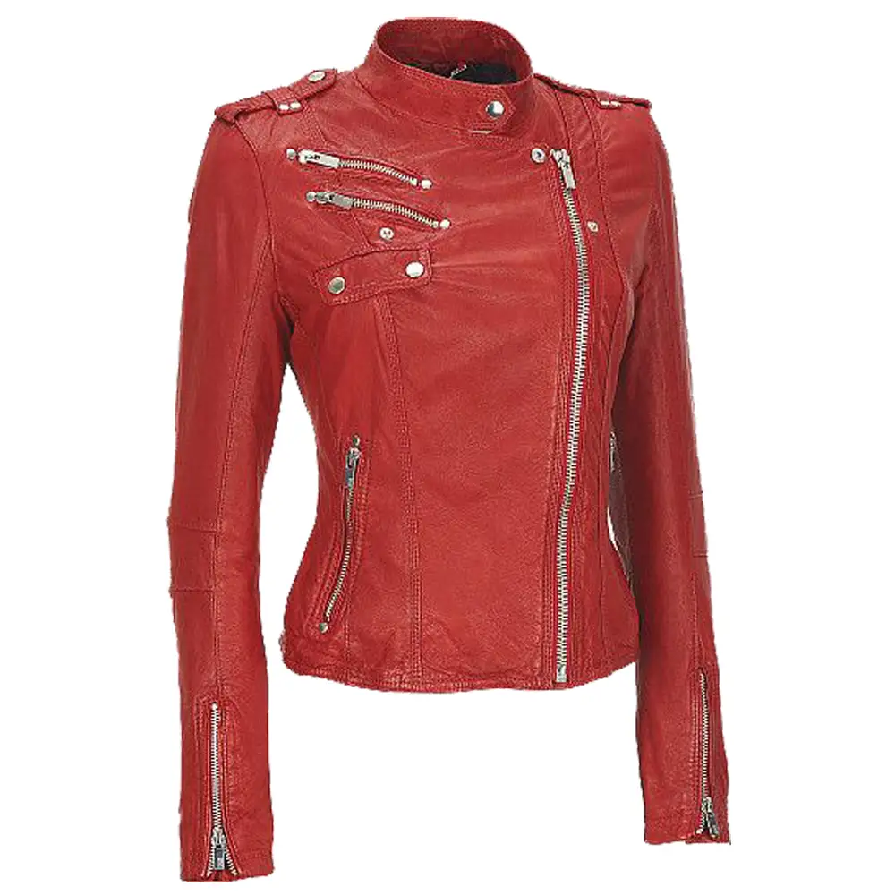 Women Red Genuine Leather Fashion Jacket