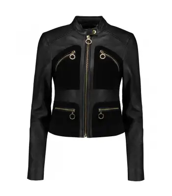 Women Gothic Fashion Real Leather Jacket Velvet Pockets