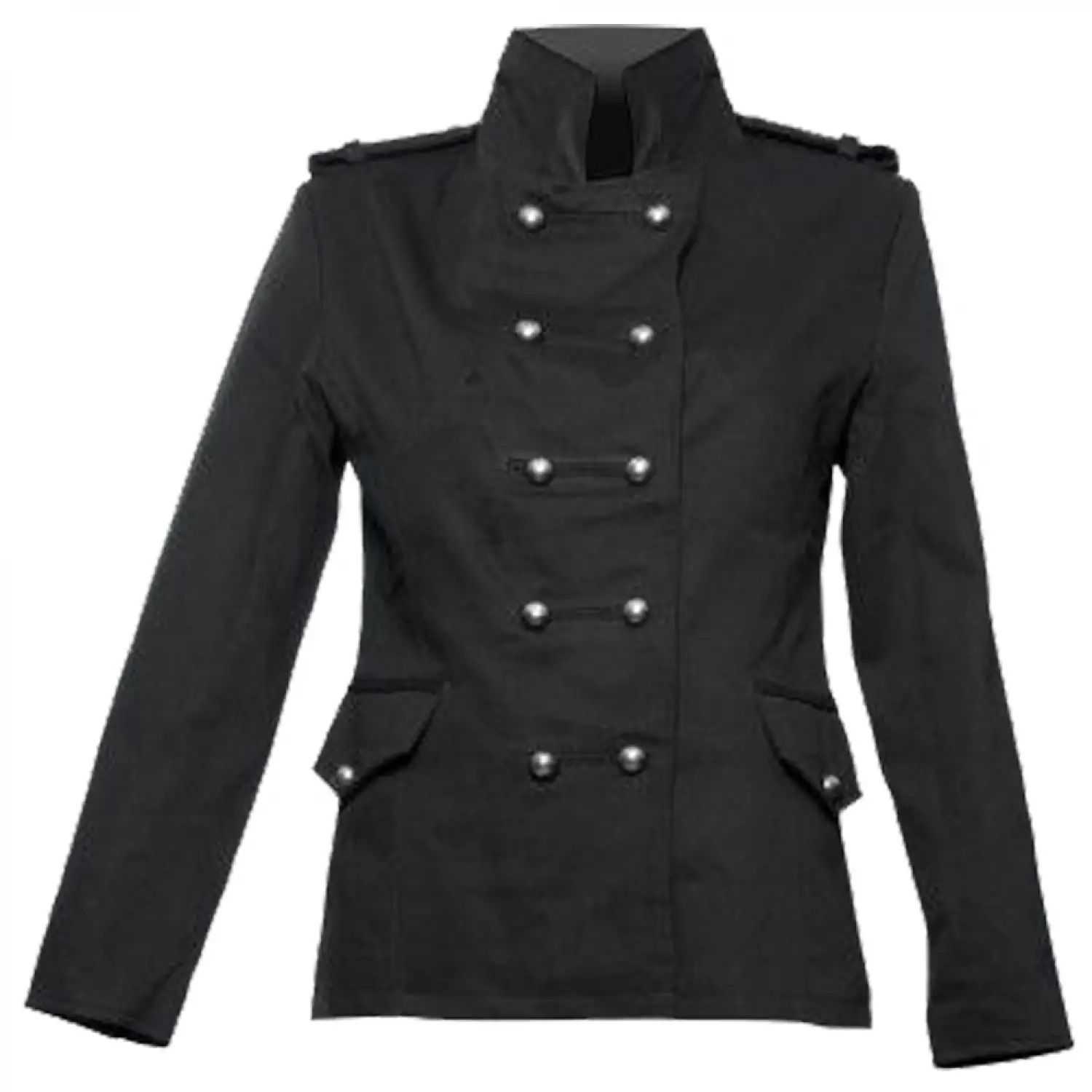 Women's black gothic military coat featuring a double-breasted front and stand-up collar.
