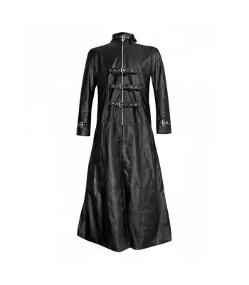 Mens Black Leather Gothic Trench Coat With Buckle Fastenings Coat