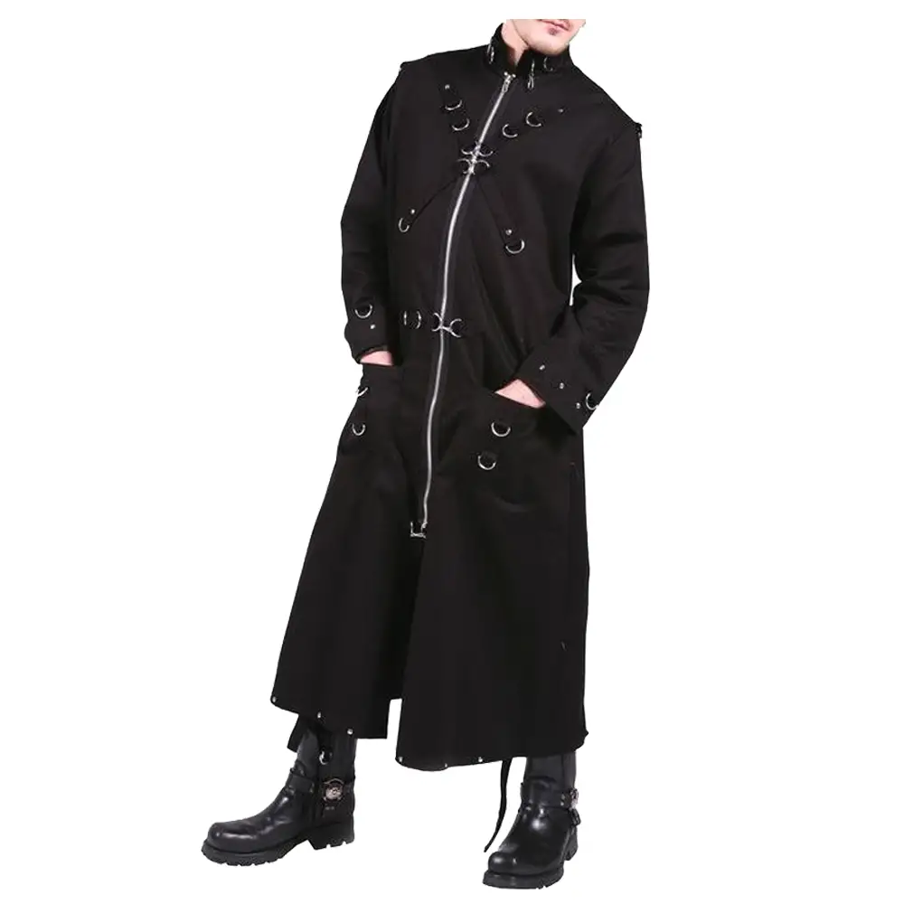 Gothic Long Black Trench Cotton Coat | Full Length D-Ring Trench Coat
