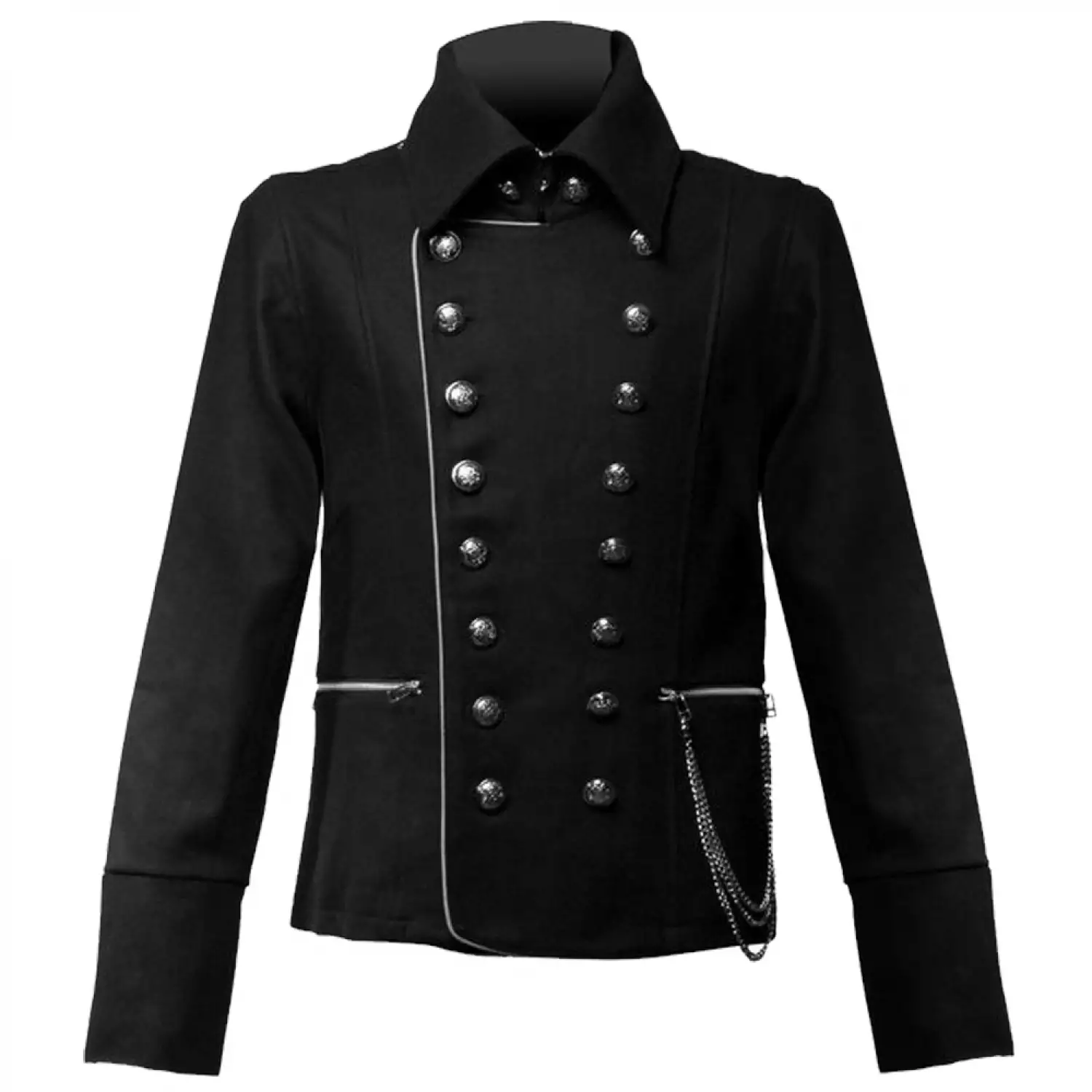 Men’s Gothic Military Band Jacket with Asymmetrical Zip Men's black gothic military band jacket with an asymmetrical front zipper and ornate buttons.