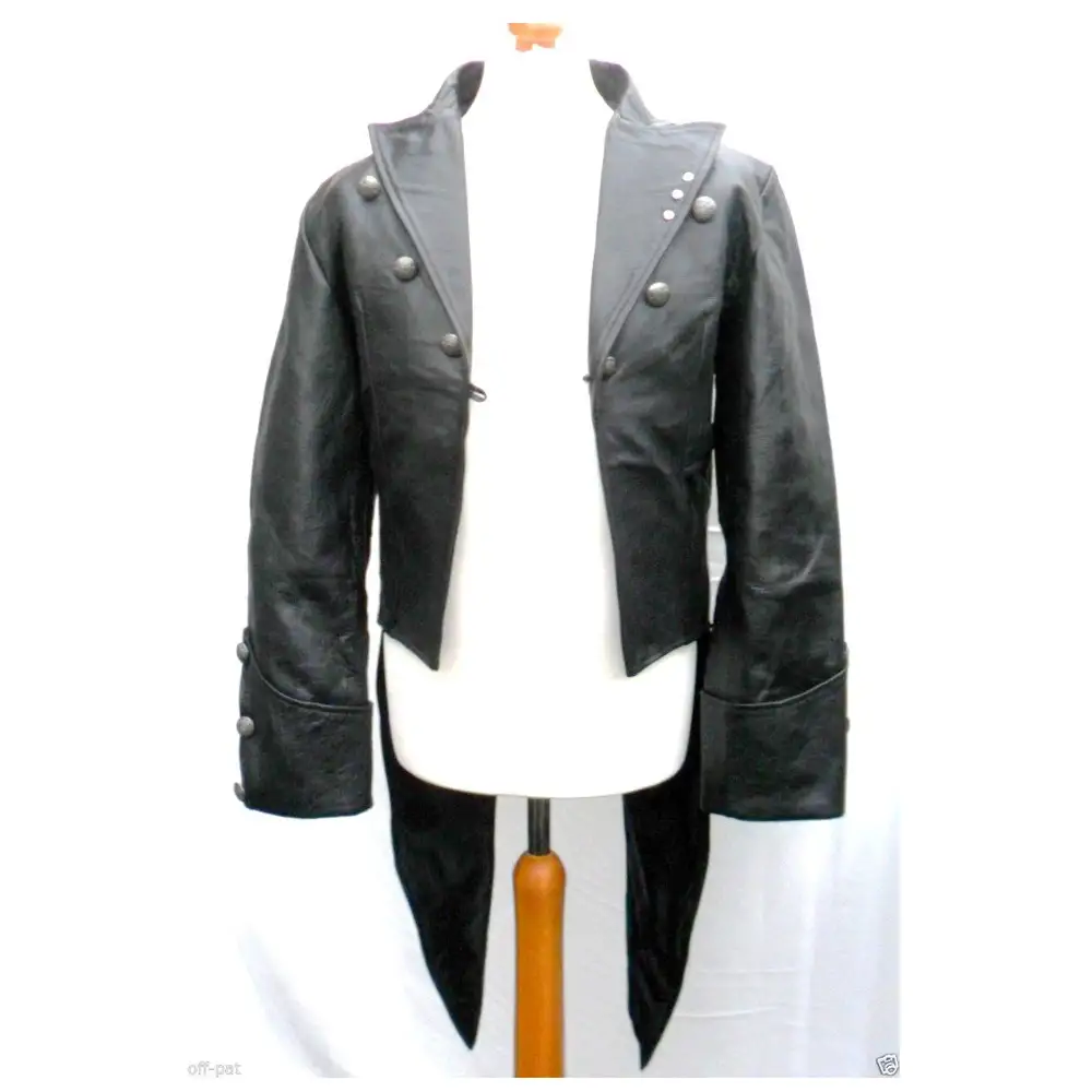 Men Real Leather Black Tailcoat Steampunk Coat Dress