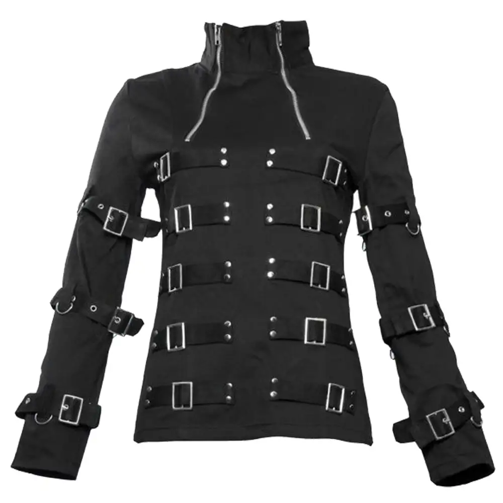 Men Fetish Buckle Black Gothic Neck Zipper Jacket