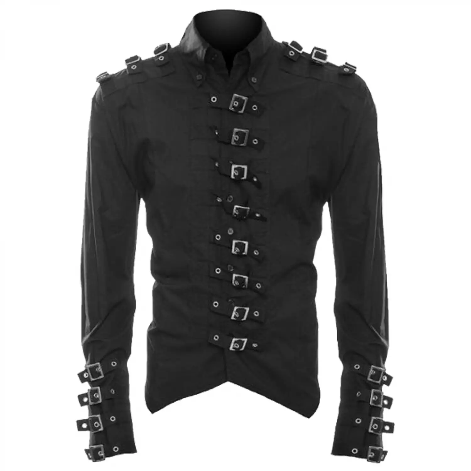 Gothic Buckle Detail Black Shirt Men's long-sleeved black shirt with multiple buckle strap details on the front, shoulders, and cuffs.