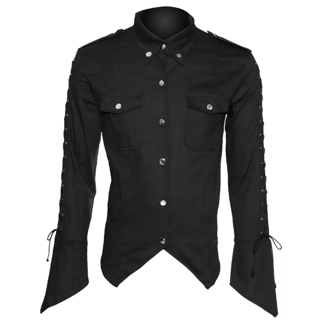 gothic dress shirt mens Men's Black Gothic Lace-Up Sleeves Shirt