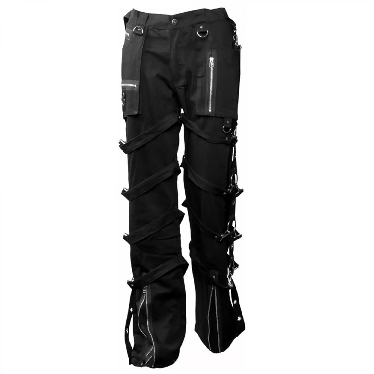 Black gothic bondage pants featuring adjustable buckle straps down the legs and zippered thigh pockets.