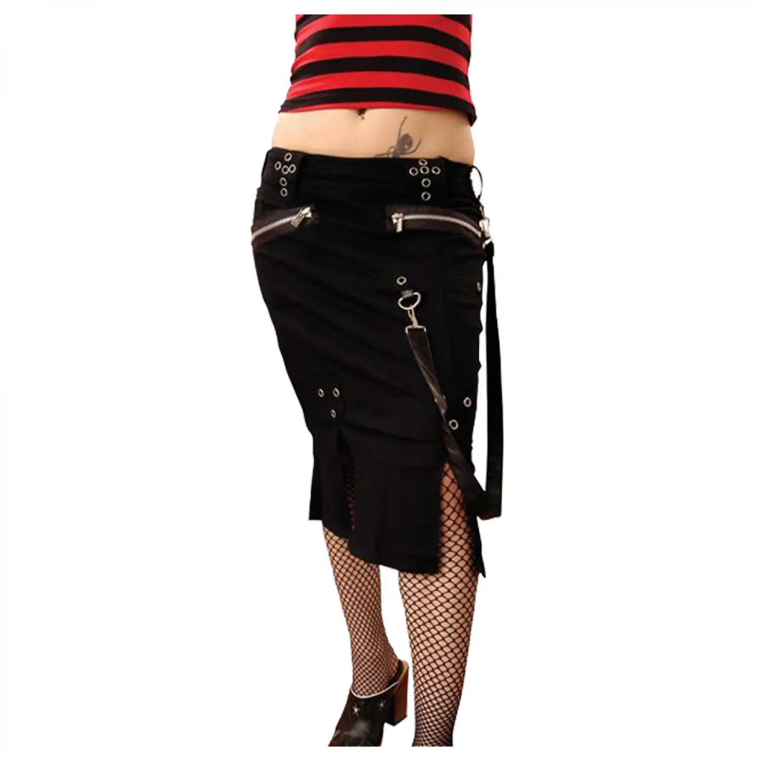 Women's black punk midi skirt featuring silver metal chains and zipper details.