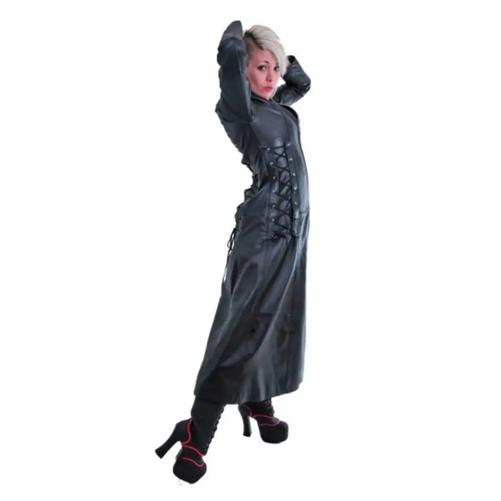 Gothic Faux Leather Trench Coat with Corset Back - Image 3