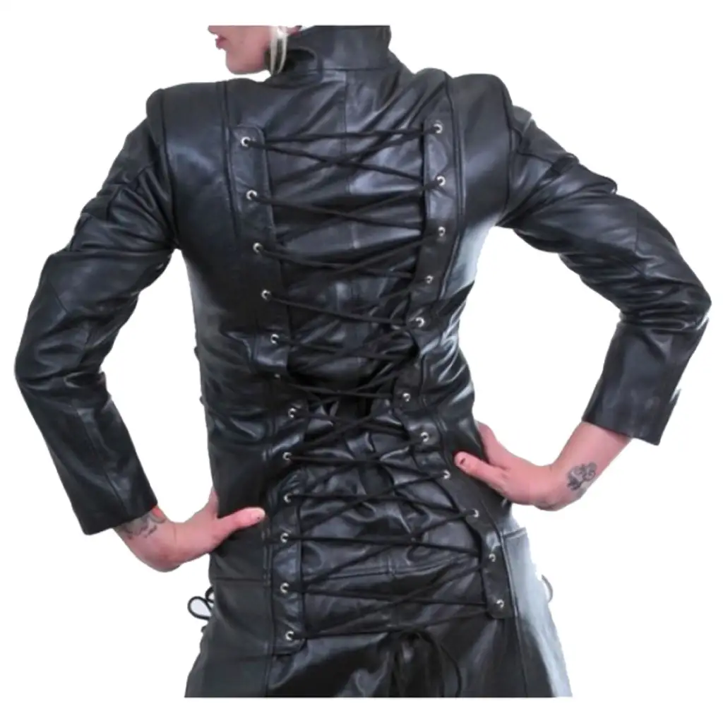 Gothic Faux Leather Trench Coat with Corset Back - Image 4