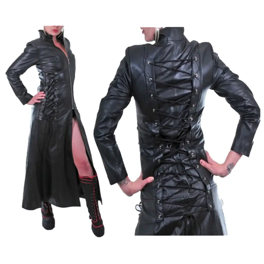 Gothic Faux Leather Trench Coat with Corset Back - Image 2