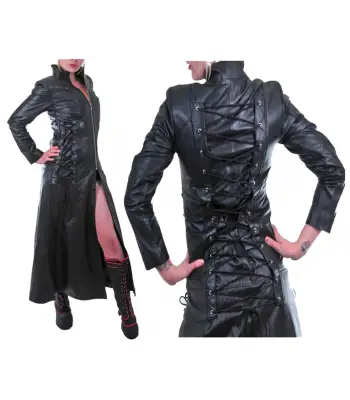 Women Military Style Long Genuine Leather Trench Coat