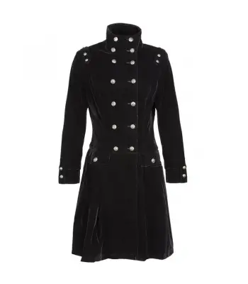 Women Double Breast Military Coat | Black Velvet Gothic Coat