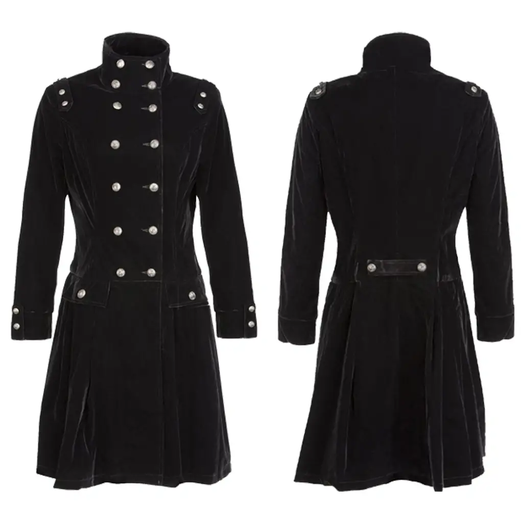 Gothic Black Velvet Military Coat - Double-Breasted Style - Image 2