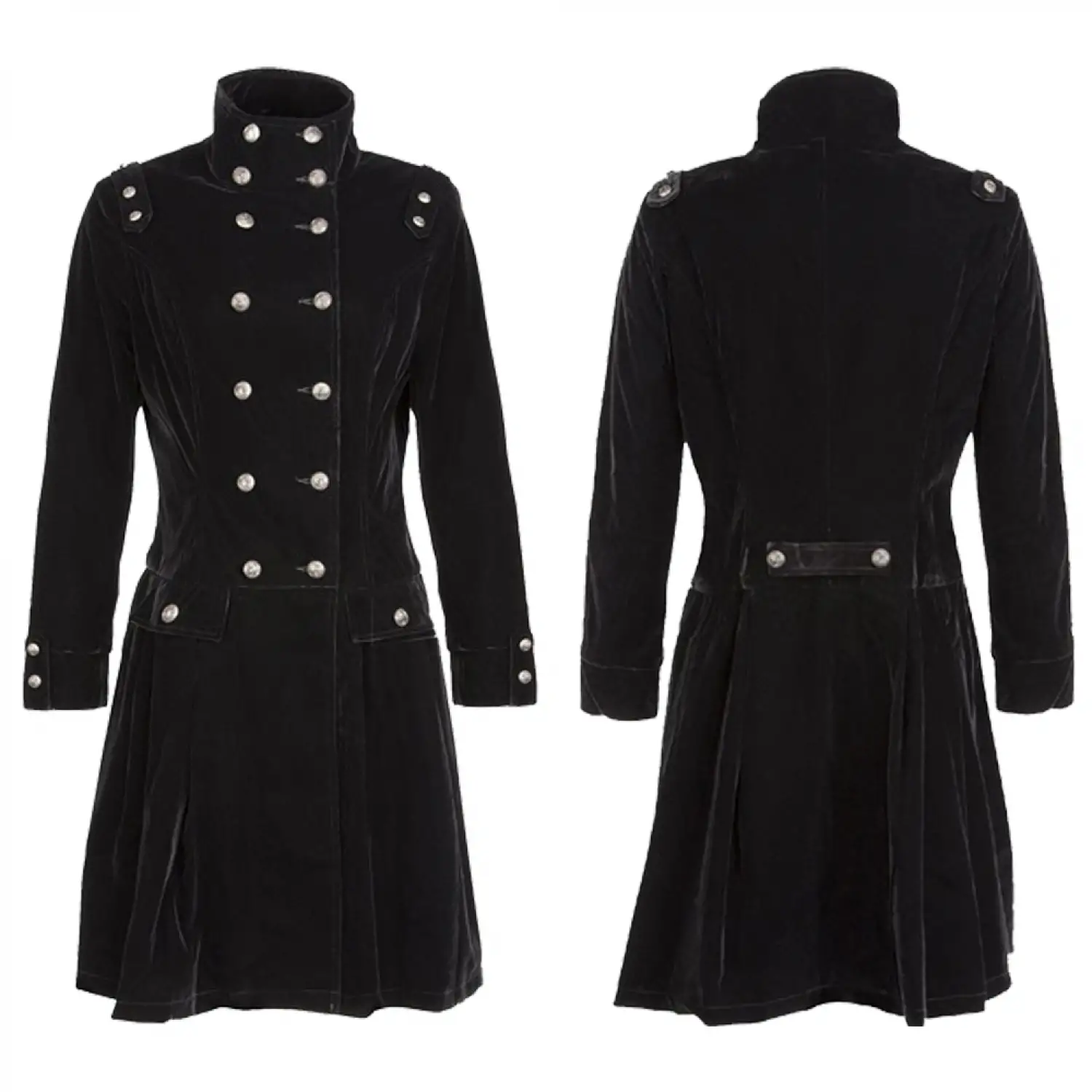 Women Double Breast Military Coat | Black Velvet Gothic Coat