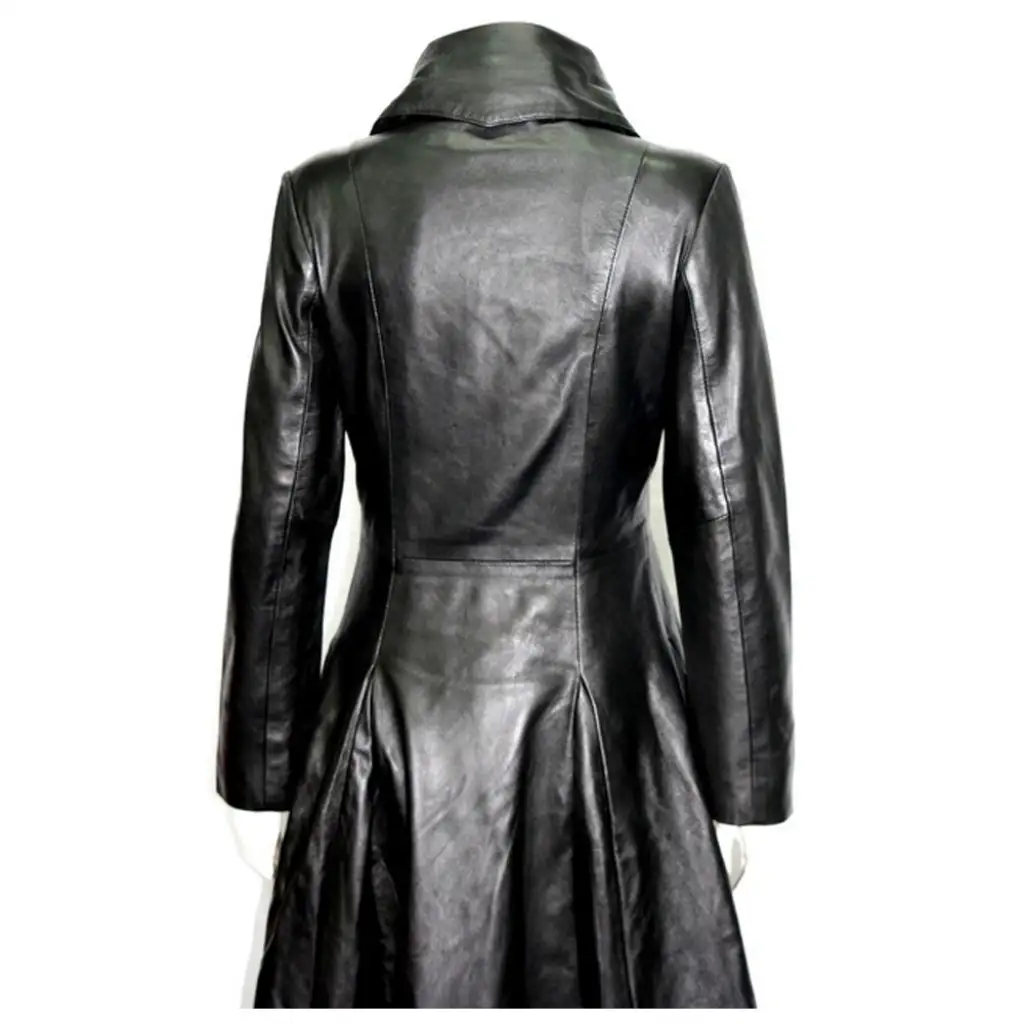 Womens Full Length Midnight Black Leather Club Coat - Image 4