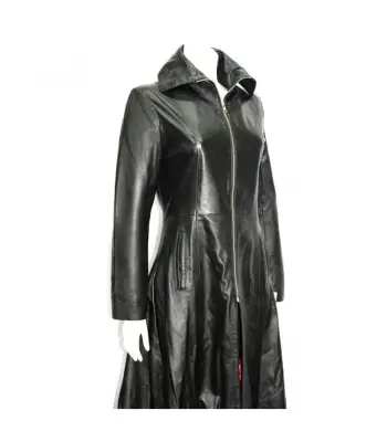 Womens Full Length Midnight Black Leather Club Coat