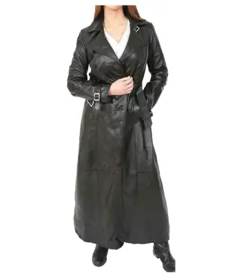 Full-Length Double Breasted Leather Trench Coat
