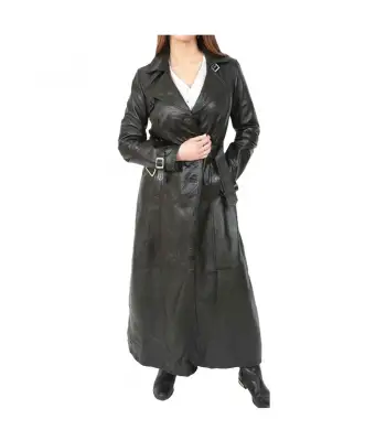 Women Gothic Leather Trench Coat Full Length Double Breasted