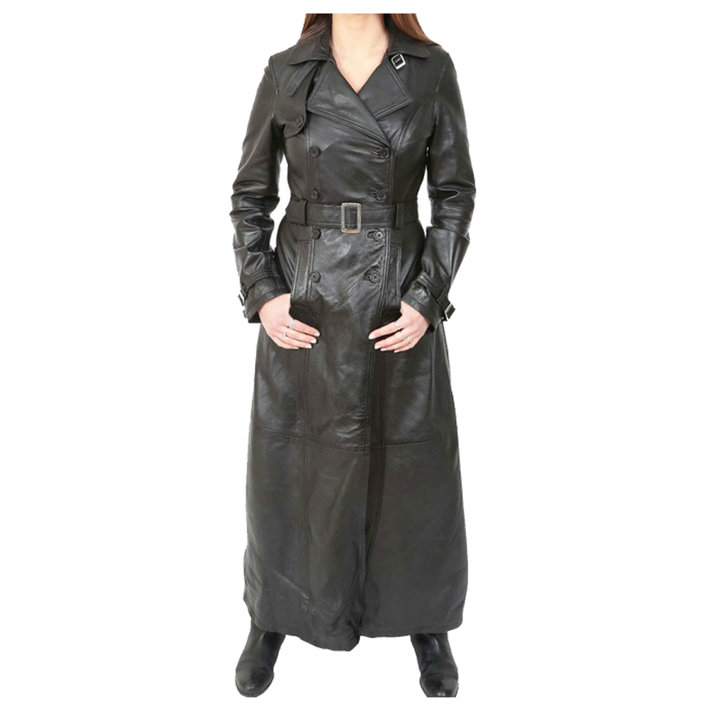 Mens Full Length Leather Coat Black Double Breasted Trench Long Jacket Overcoat 