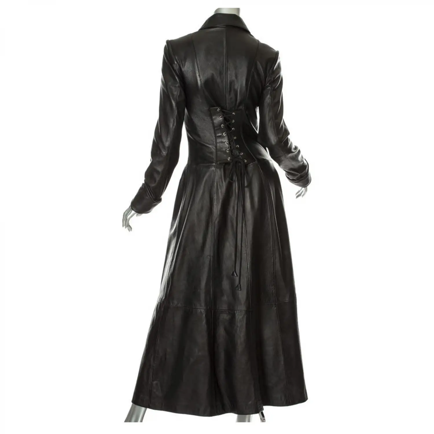 VivCrests Women's Black Leather Trench Coat – Steampunk Gothic Long Winter Jacket