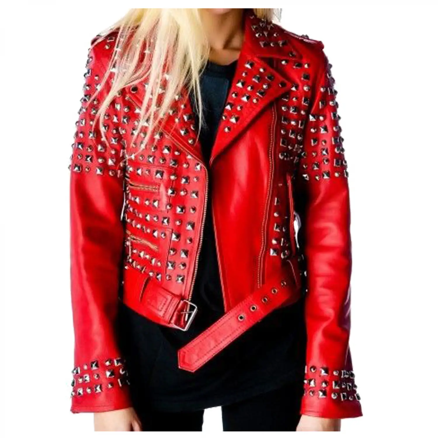 Women Red Genuine Leather Biker Gothic jacket