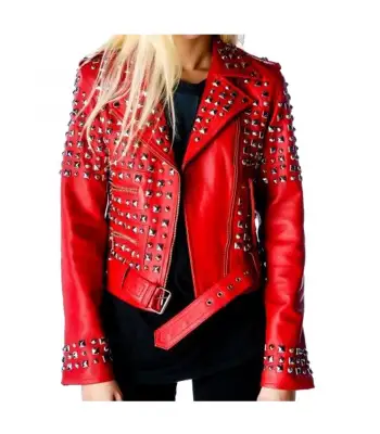 Women Red Genuine Leather Biker Gothic jacket