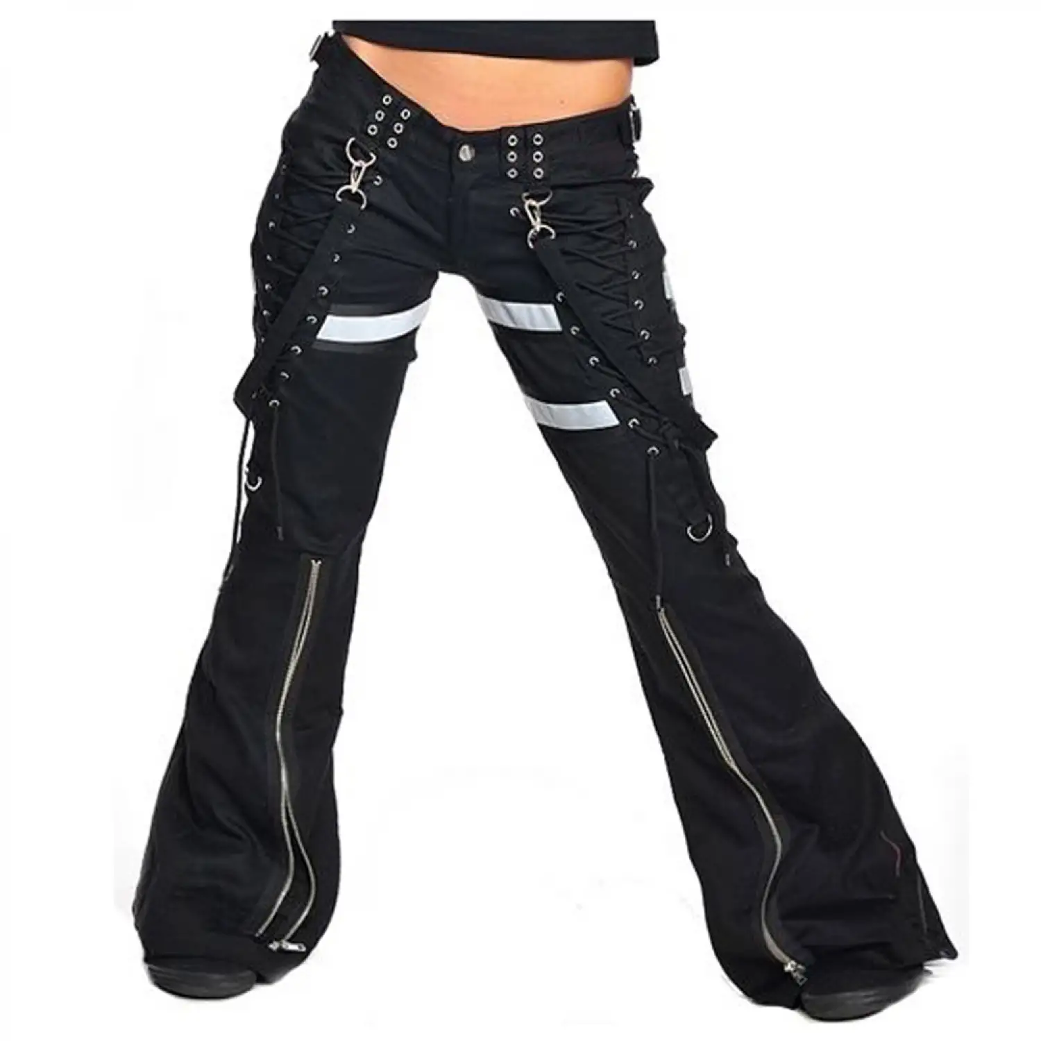 Women's punk gothic black & white flared pants with stripes & zippers.