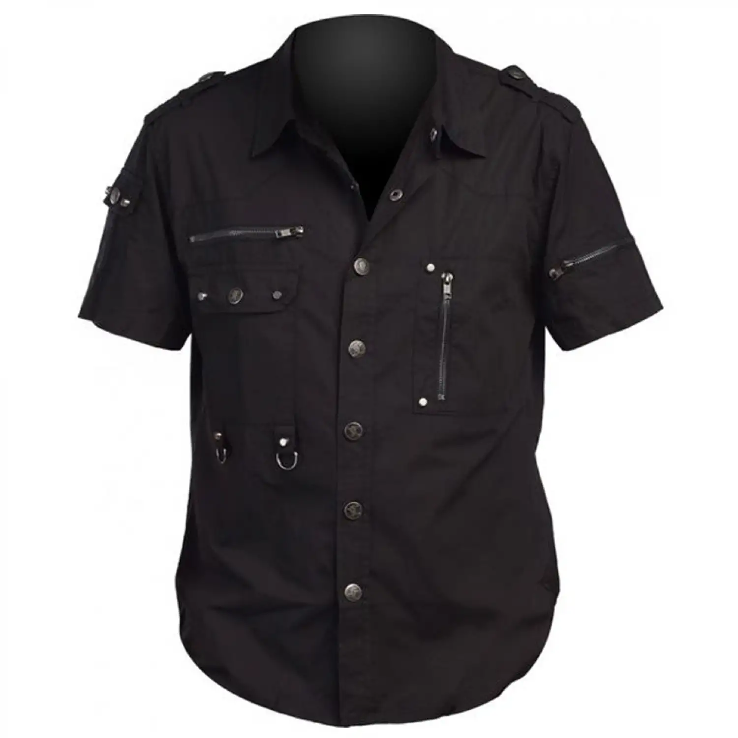 Men’s Gothic Punk Shirt | Short Sleeve, Zippers & Rings Men's black short sleeve Gothic punk shirt with zippers, D-rings, and military-style epaulets.