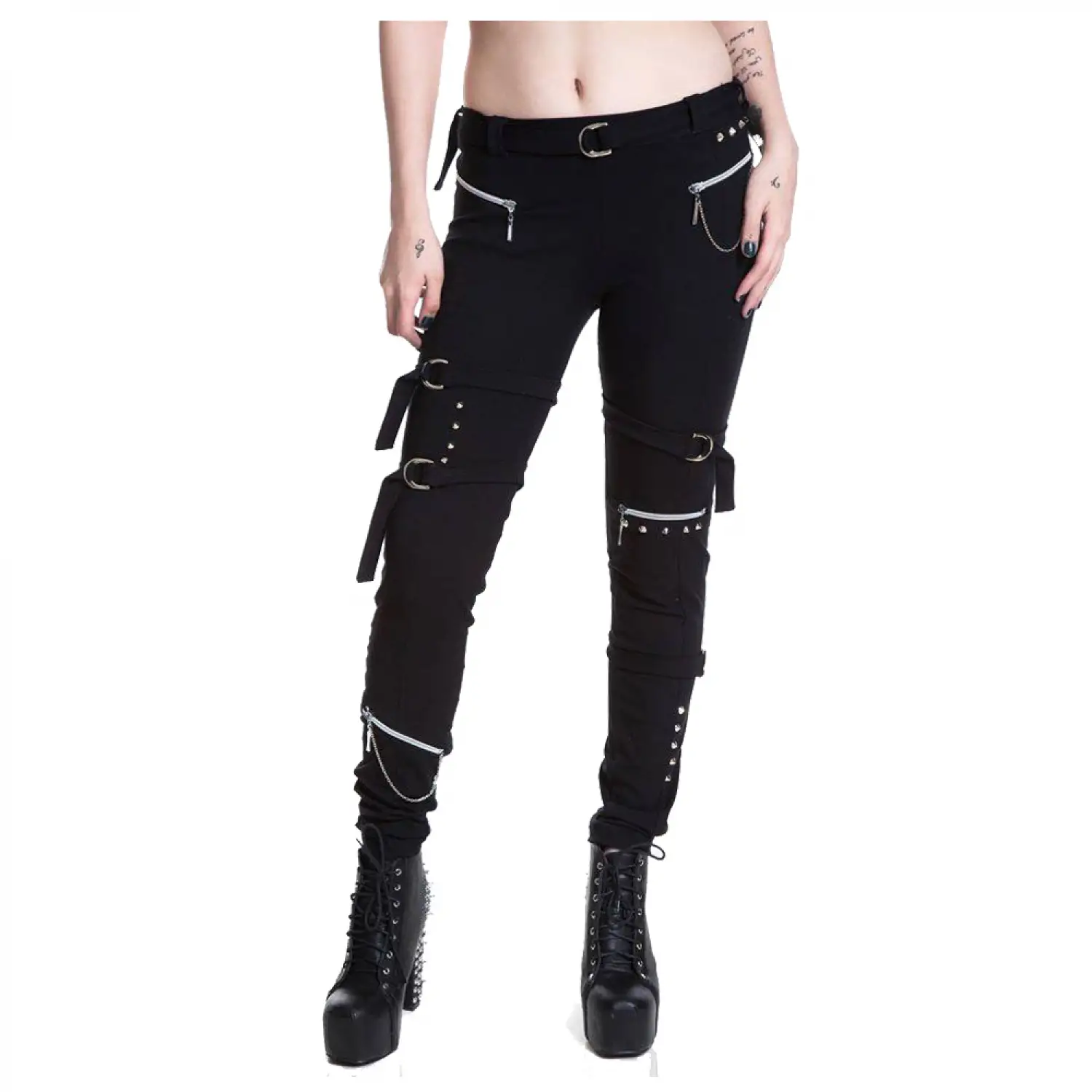 Women industrial black pants with many zippers, straps, buckles, and hanging details.