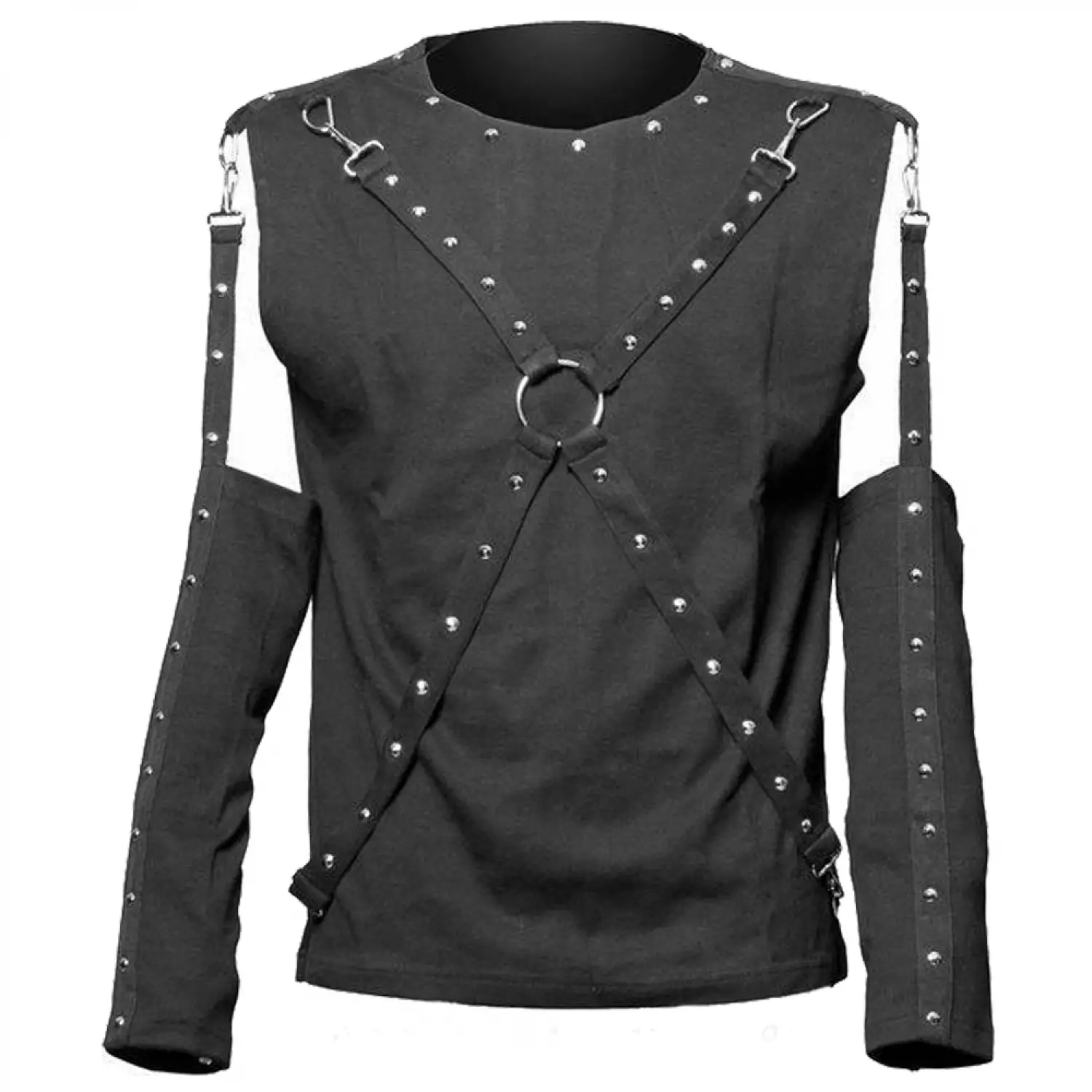 Men's black gothic shirt with a studded O-ring harness and removable long sleeves.