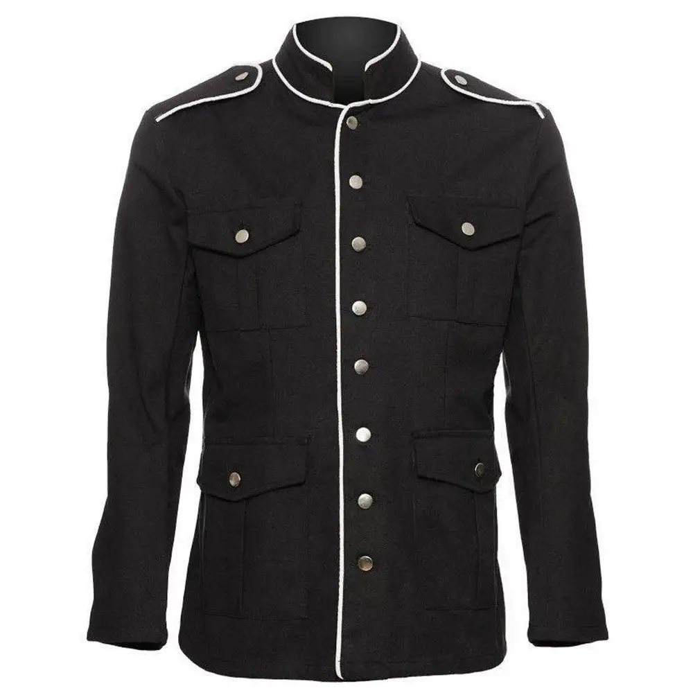 Men Gothic Military Style Officer Jacket White Piping Coat