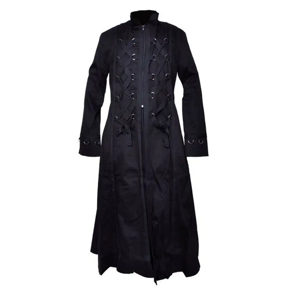 Men Long Black Goth Coat | Bondage Style Trench Full Length Coat