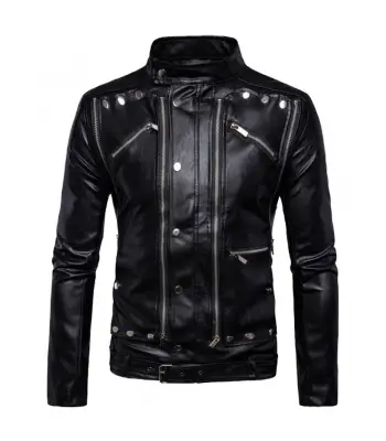 Men Gothic Genuine Black Leather Jacket