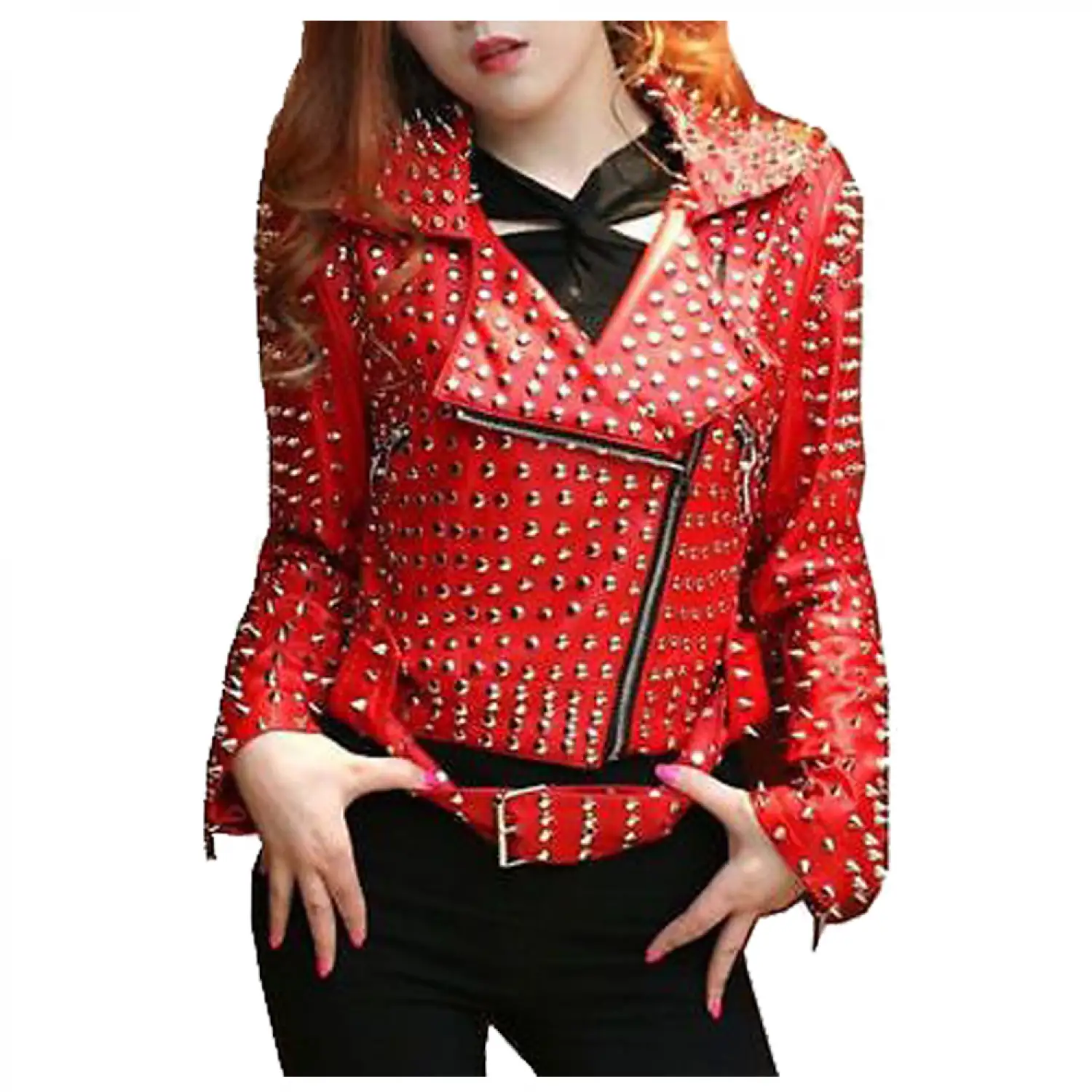 Gothic Spikes Red Leather Jacket Women