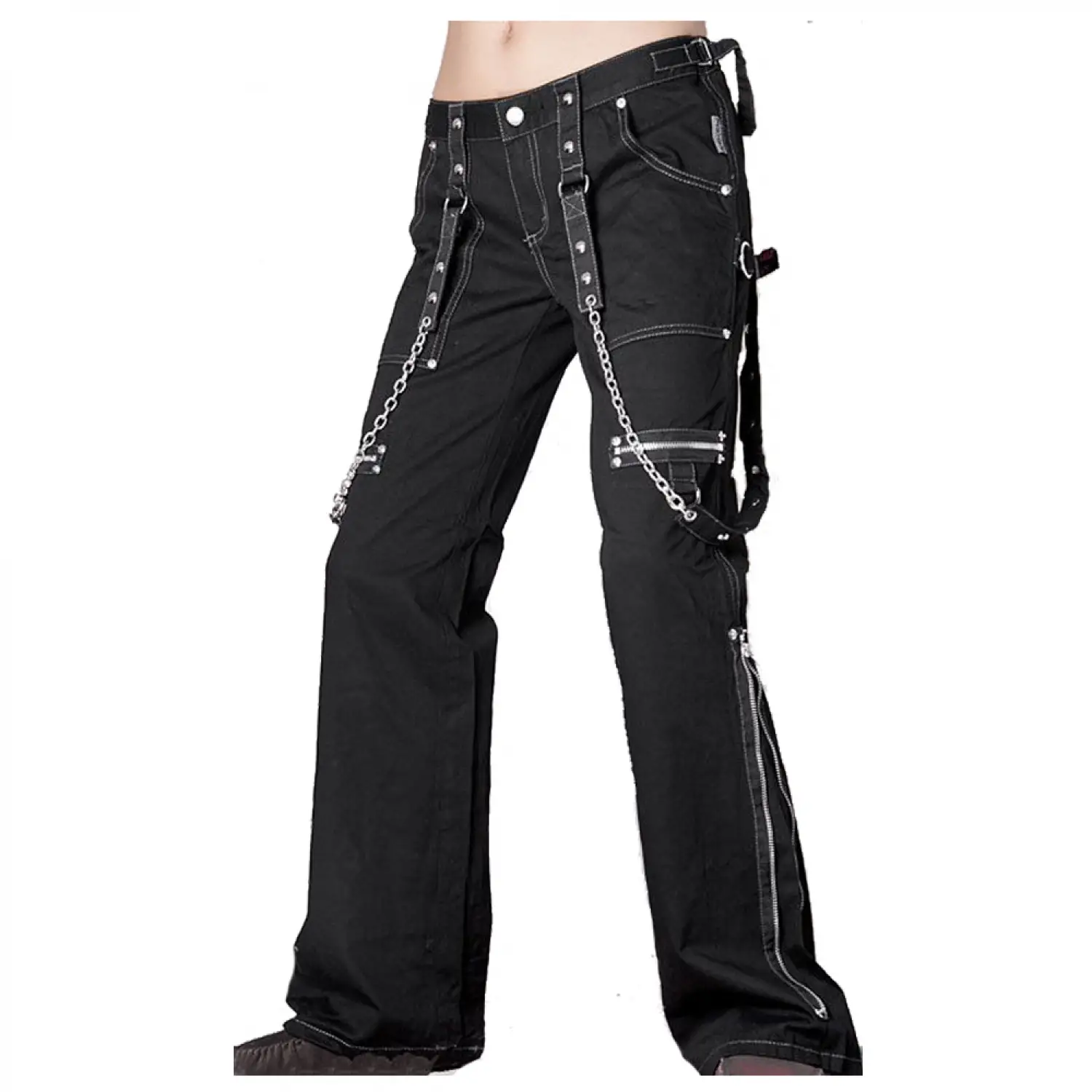 Men's black gothic bootcut punk pants featuring multiple straps, zippers, D-rings, and a straight/wide leg fit.