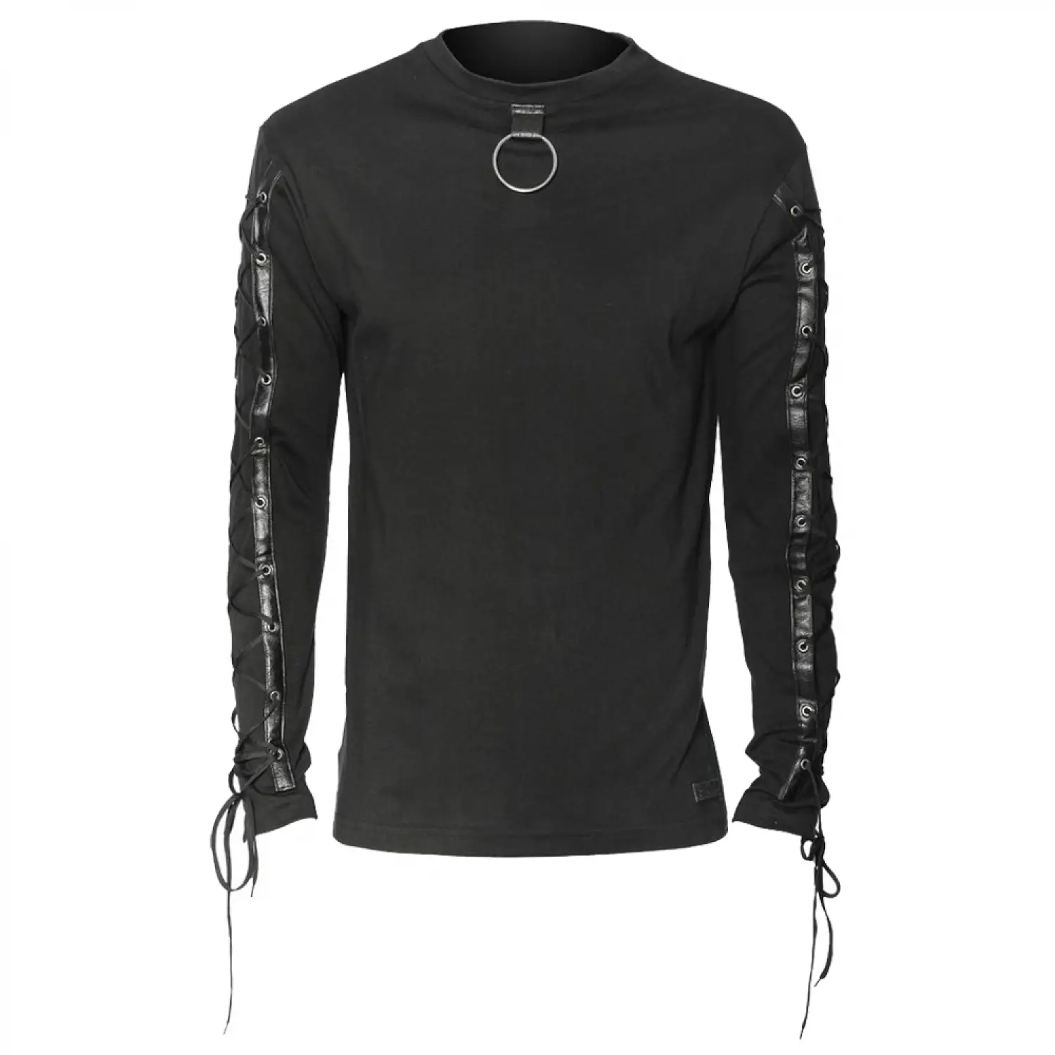 Black O-ring shirt with lace-up sleeve details and industrial styling.