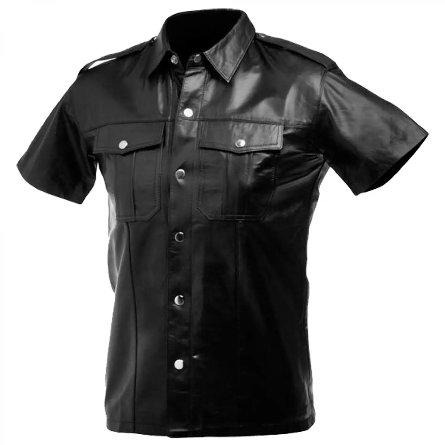 Men's Short Sleeve Black Leather Police Uniform Shirt Fetish leather police officer short-sleeved button down shirt featuring epaulets and buttoned chest pockets.