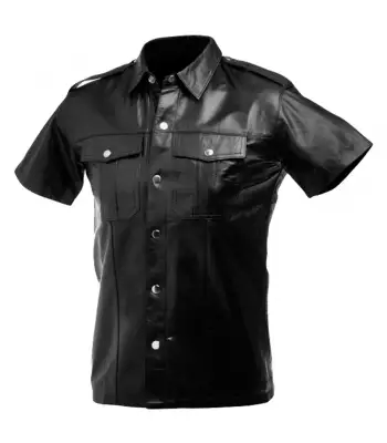 Police Uniform Half Sleeves Leather Shirt Nightclub Black Fetish Shirt