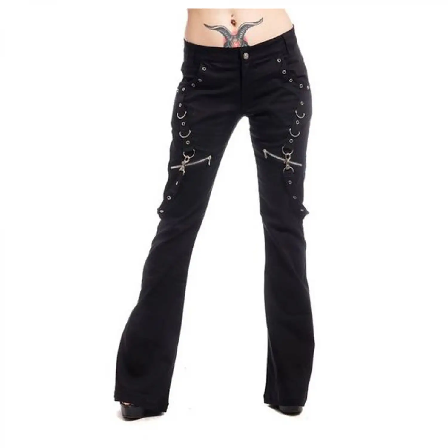 Women's punk gothic flared pants with D-rings and zippers.