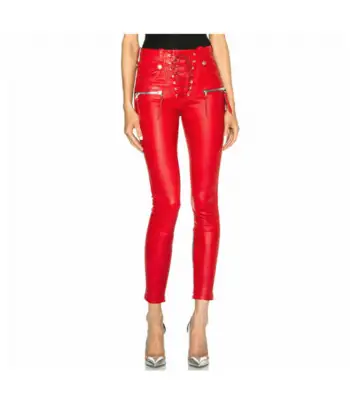 Women Hot Red Punk Washed Pu Leather Pencil Gothic Pant