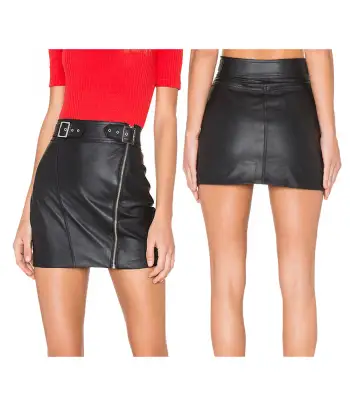Women Genuine Leather Gothic Mini Skirt Zip Closure Buck