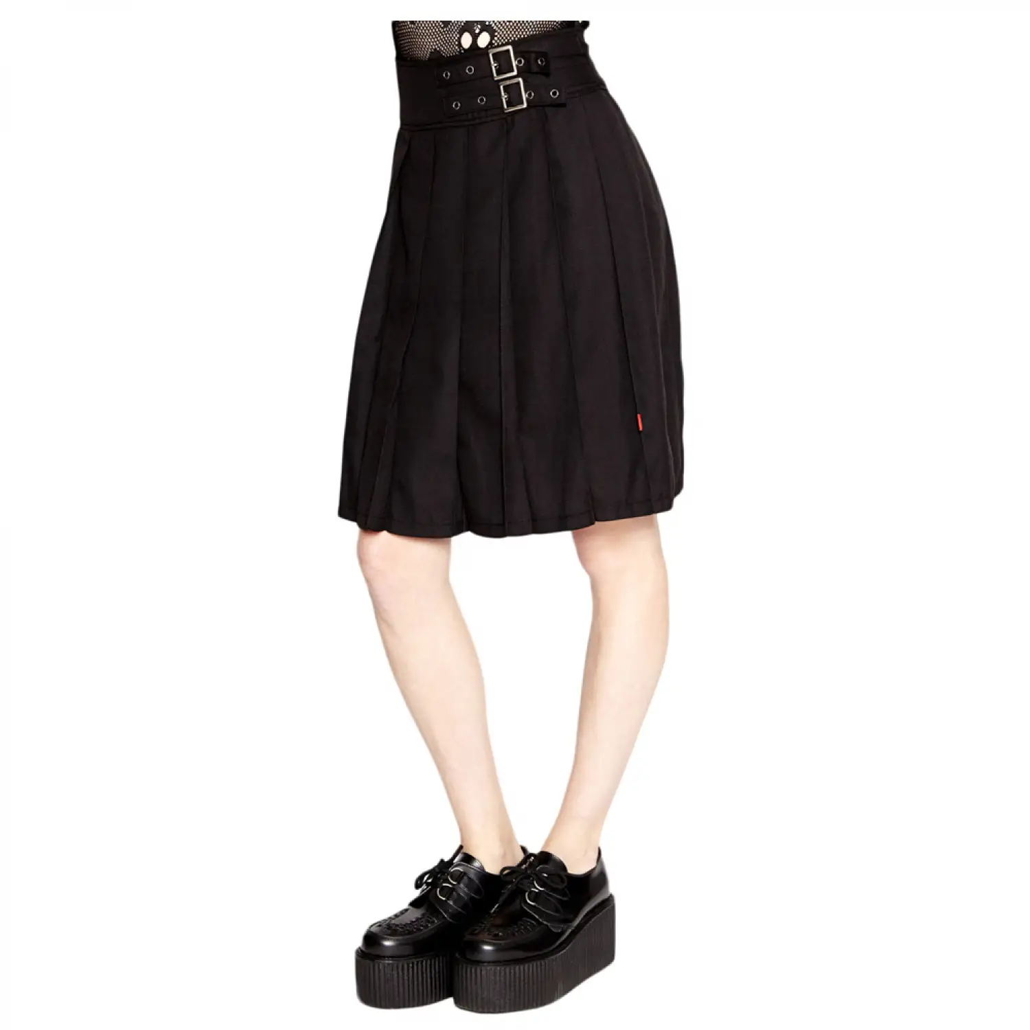 Black Gothic Steampunk Midi Skirt with buckle closure and pleated kilt design.